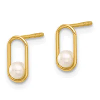 A pair of gold stud earrings featuring oval frames with white pearls suspended inside, displayed against a white background.