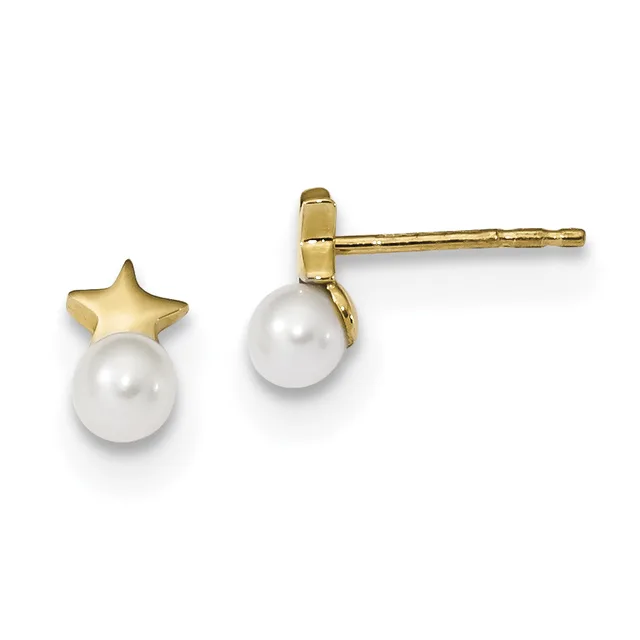 A pair of gold stud earrings, each featuring a small gold star above a white pearl, displayed against a white background.