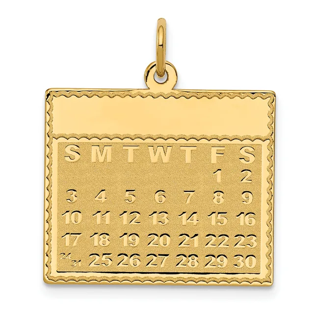 Gold calendar pendant with a decorative scalloped border, showing months abbreviated as SMTWTES and numbered dates 1 through 30 arranged in rows.