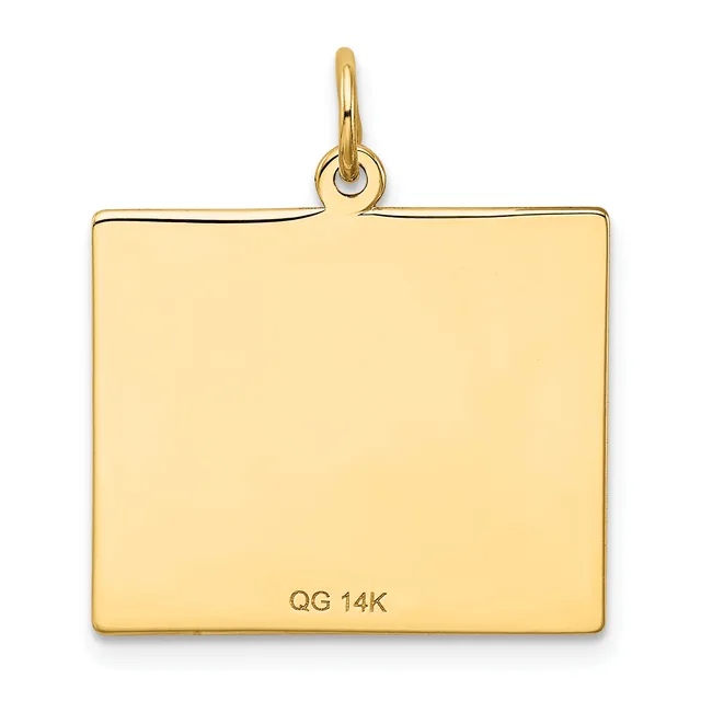 A rectangular gold pendant with a polished finish and a small loop at the top for attachment to a chain or necklace.