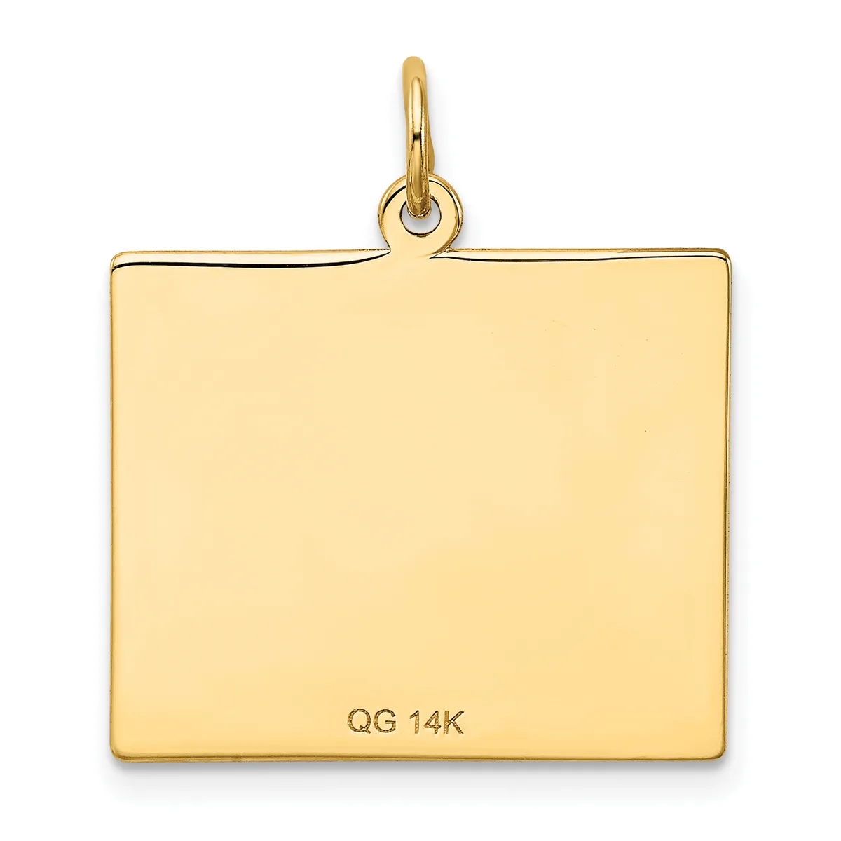 A rectangular gold pendant with a polished finish and a small loop at the top for attachment to a chain or necklace.
