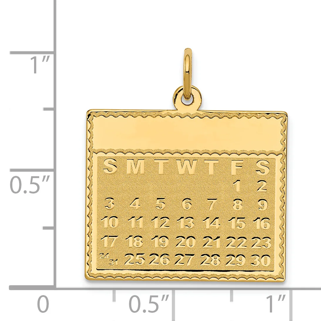 Gold rectangular calendar pendant with a decorative beaded border, showing a month layout with days of the week and numbered dates, suspended from a small loop, displayed against a measurement scale.