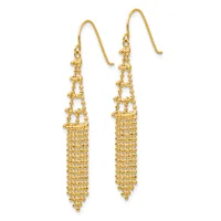 A pair of gold-colored drop earrings with hook closures, featuring interlocking geometric openwork patterns that taper to pointed ends.
