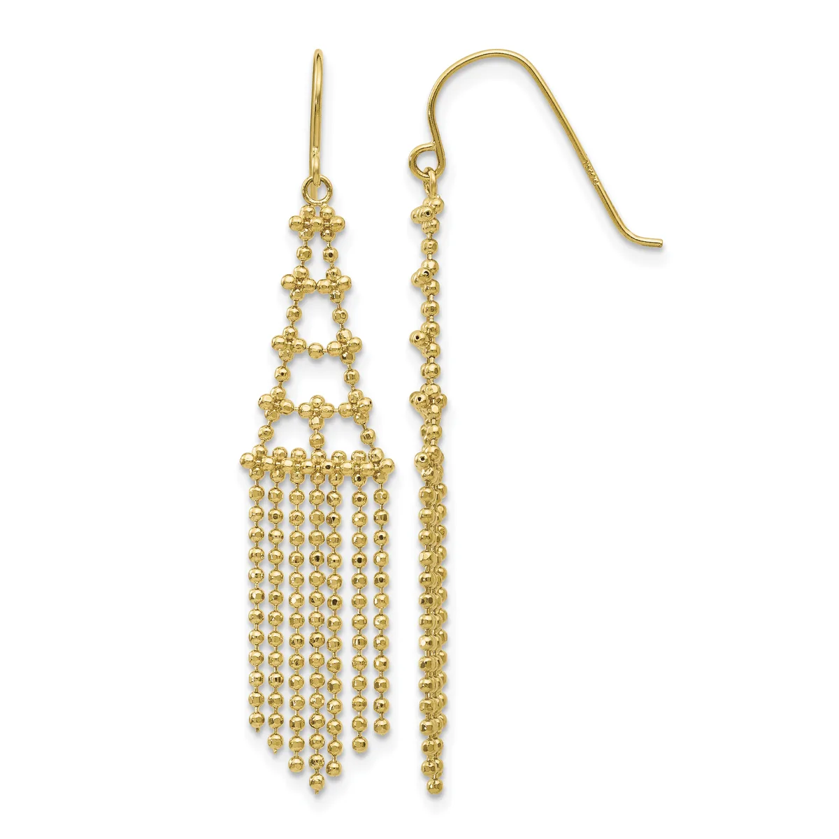Pair of gold chandelier earrings with beaded pyramid structure and dangling chain fringe, shown on fish hook wires.
