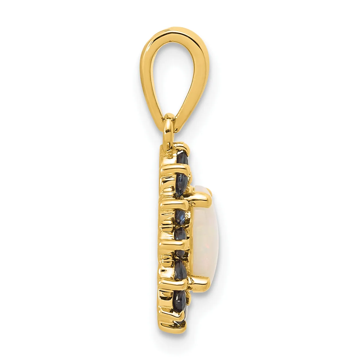 Gold-toned pendant with an oval loop bail at top, featuring a rectangular stone setting surrounded by decorative metalwork and small dark gemstones arranged in a vertical pattern.