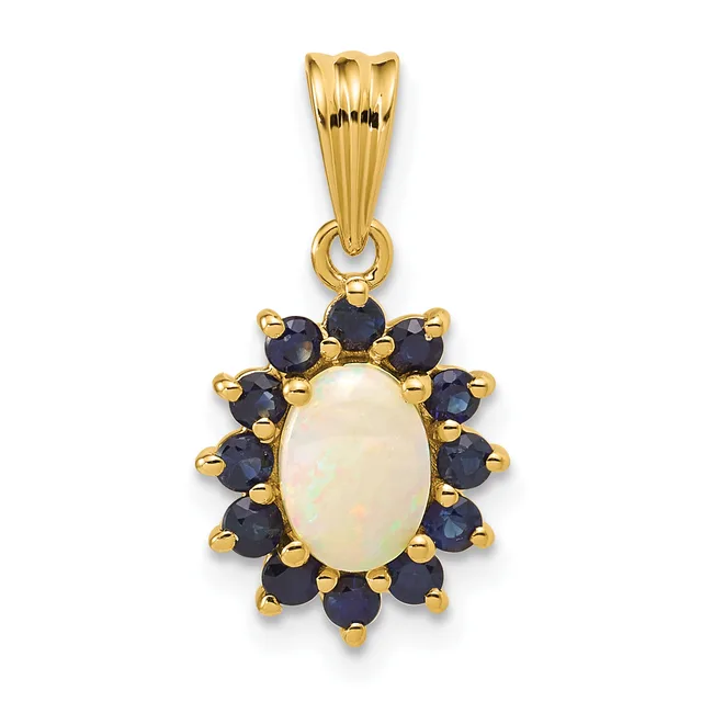Gold pendant with an oval opal center stone surrounded by a halo of dark blue sapphires set in gold prongs.