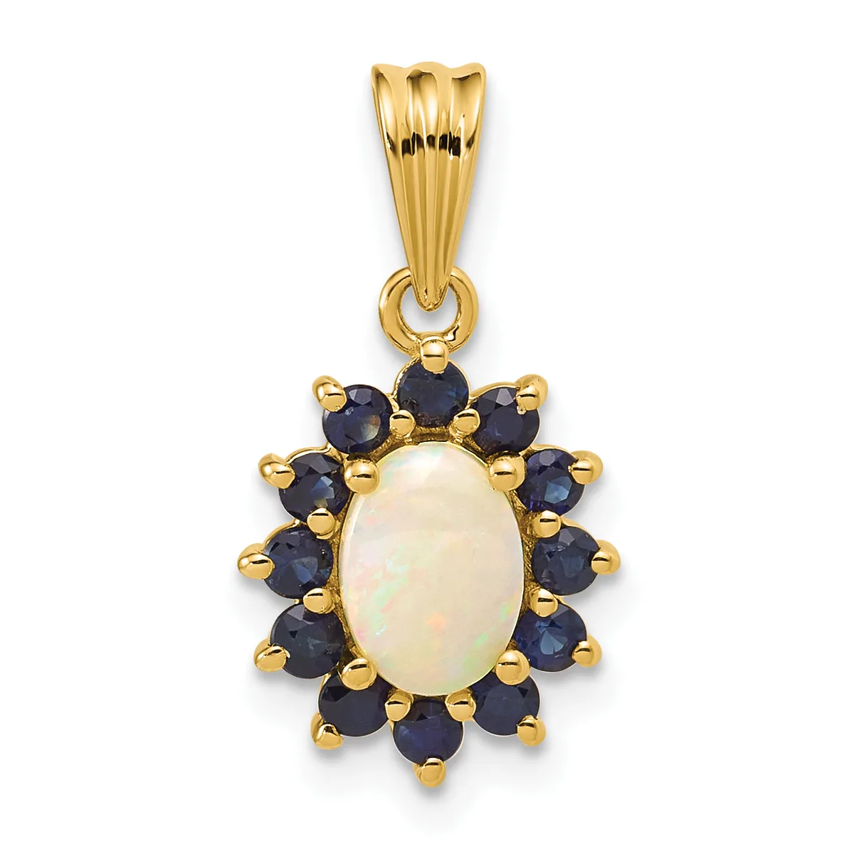 Gold pendant with an oval opal center stone surrounded by a halo of dark blue sapphires set in gold prongs.