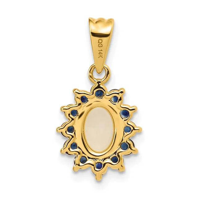 Gold pendant featuring an oval white stone center surrounded by a decorative sunburst frame set with small blue stones, suspended from a bailed loop.