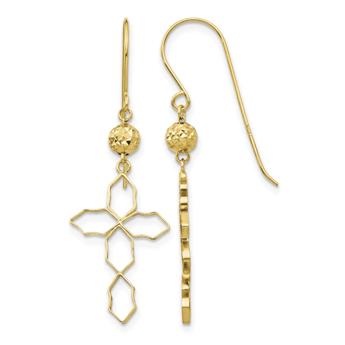 Pair of gold-toned dangle earrings with textured spherical beads suspended above open quatrefoil cross pendants and decorative bar elements.