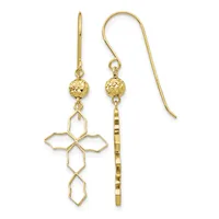 Pair of gold-toned dangle earrings with textured spherical beads suspended above open quatrefoil cross pendants and decorative bar elements.