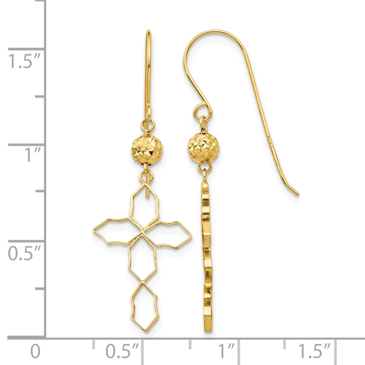 Pair of gold drop earrings with textured spheres and geometric cross and bar pendants, displayed against a measurement scale showing approximately 1.5 inches in length.
