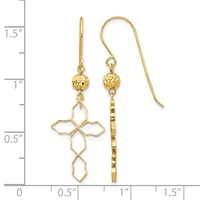 Pair of gold drop earrings with textured spheres and geometric cross and bar pendants, displayed against a measurement scale showing approximately 1.5 inches in length.