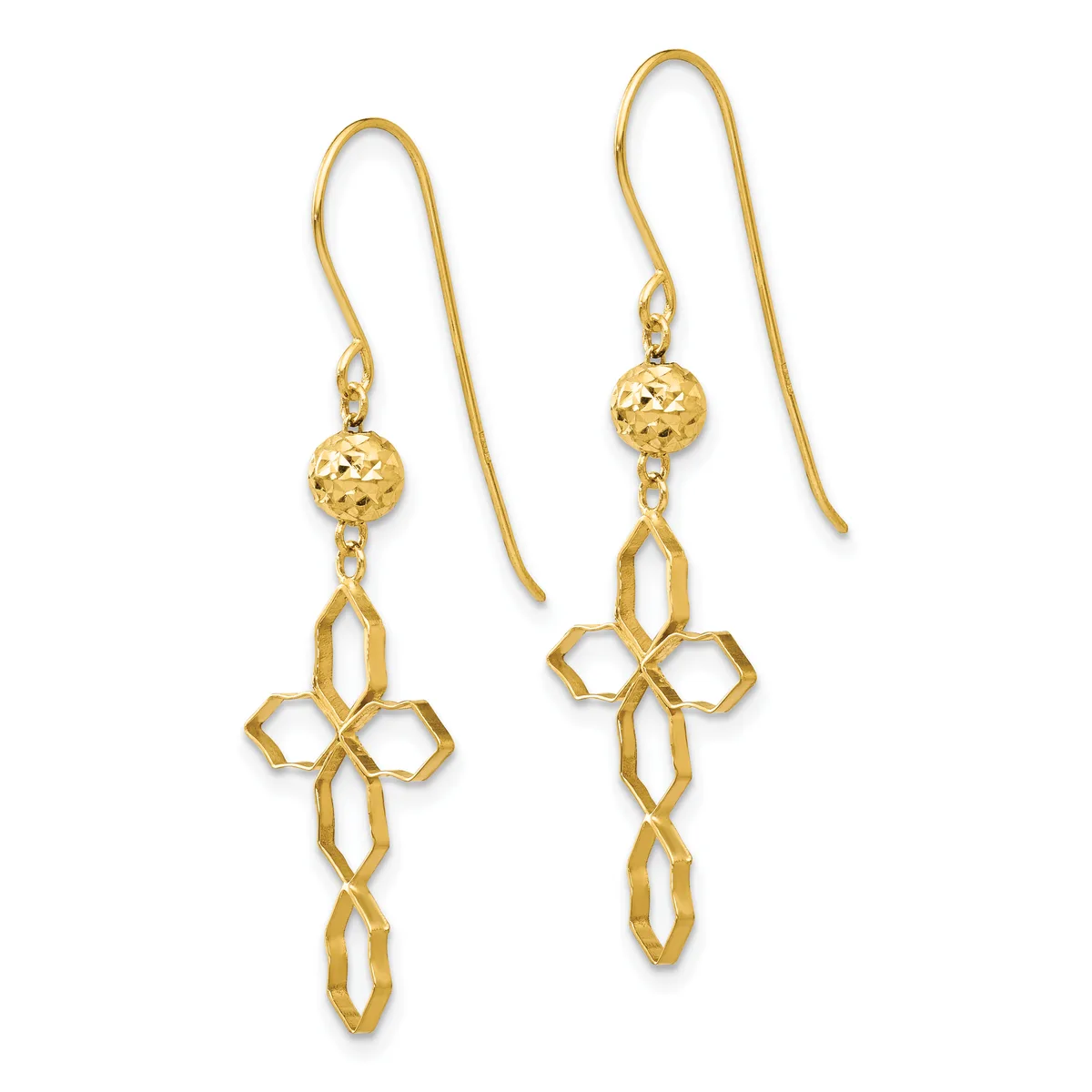 Pair of gold dangle earrings with textured spherical beads suspended above openwork cross pendants with interlocking oval cutouts.