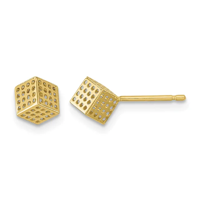 Pair of gold cube-shaped stud earrings with textured dimpled surfaces, shown from front and side angles on a white background.