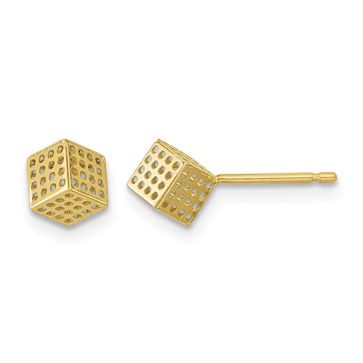 Pair of gold cube-shaped stud earrings with textured dimpled surfaces, shown from front and side angles on a white background.