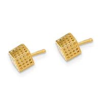 Pair of gold cube-shaped stud earrings with textured dot pattern surfaces and gold posts.