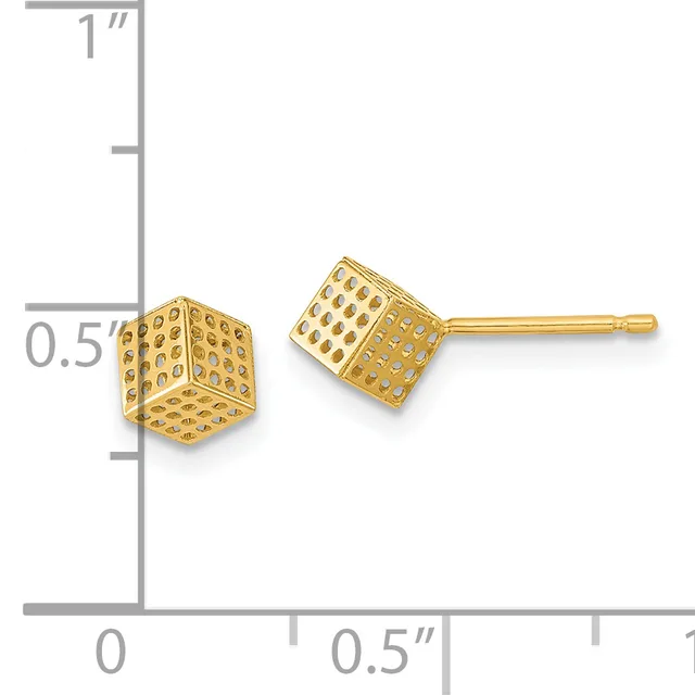 Pair of gold cube-shaped stud earrings with textured dimpled surface, shown next to a ruler for scale at approximately 0.5 inches.