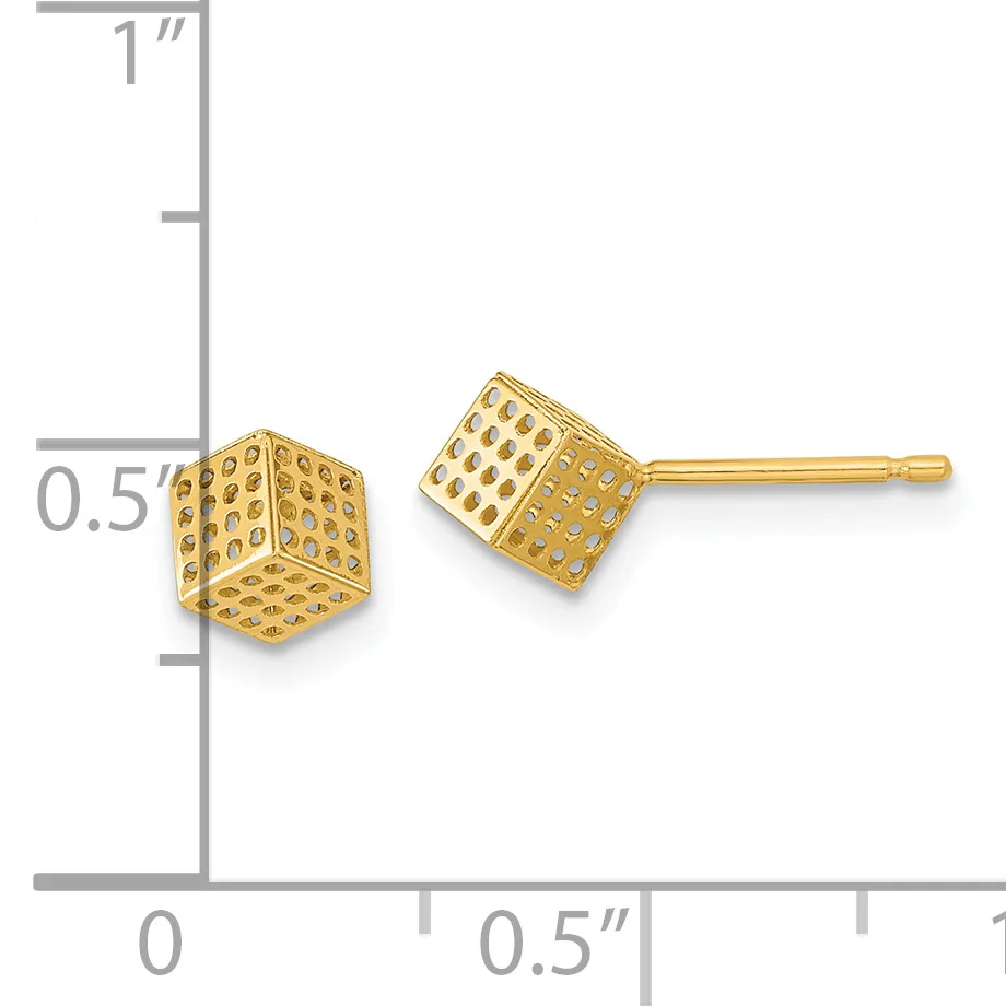 Pair of gold cube-shaped stud earrings with textured dimpled surface, shown next to a ruler for scale at approximately 0.5 inches.