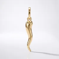 A polished gold curved horn-shaped pendant with a looped bail at the top, displayed against a white background.