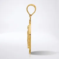 A gold pendant with an oval loop at the top and a decorative leaf or feather-shaped charm hanging below, shown from the side against a white background.
