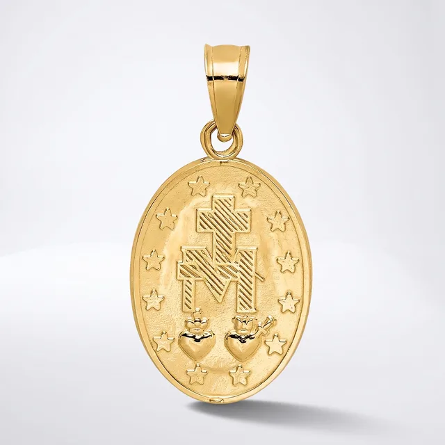 A gold oval pendant featuring a cross with radiating lines, surrounded by stars, and two small heart shapes at the bottom, suspended from a gold bail.