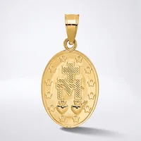 A gold oval pendant featuring a cross with radiating lines, surrounded by stars, and two small heart shapes at the bottom, suspended from a gold bail.