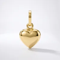 A polished gold heart-shaped pendant with a rectangular bail loop attached to the top, displayed against a white background.