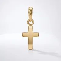 A gold cross pendant with a polished finish and rounded edges, suspended from a matching gold bail, displayed against a white background.