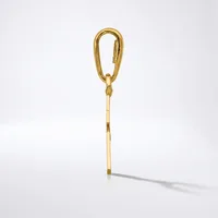 A gold-toned metal carabiner clip with an elongated oval shape and a thin chain attached to its base, displayed against a white background.