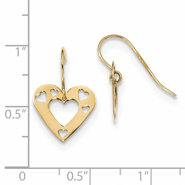 A pair of gold heart-shaped dangle earrings with cutout hearts on a measurement scale showing approximately half an inch in width.