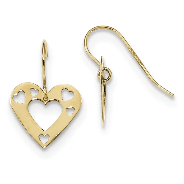 Gold-toned heart-shaped dangle earrings with cutout hearts of various sizes, displayed on a white background.