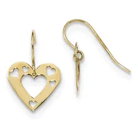 Gold-toned heart-shaped dangle earrings with cutout hearts of various sizes, displayed on a white background.