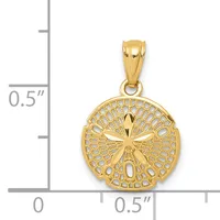 Gold sand dollar pendant with openwork filigree design and bail, shown next to a ruler indicating approximately 0.5 inches in width.
