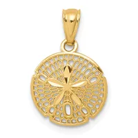Gold sand dollar pendant with a hollow filigree design and a bail loop at the top.