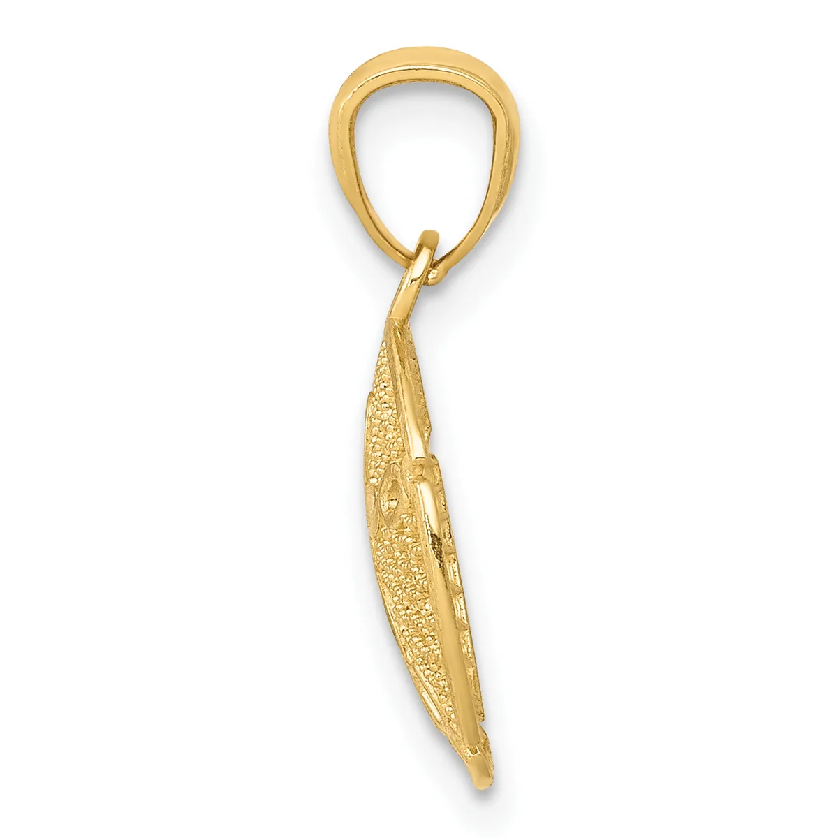 A gold pendant charm shaped like a chili pepper with a textured surface, suspended from a gold bail loop.