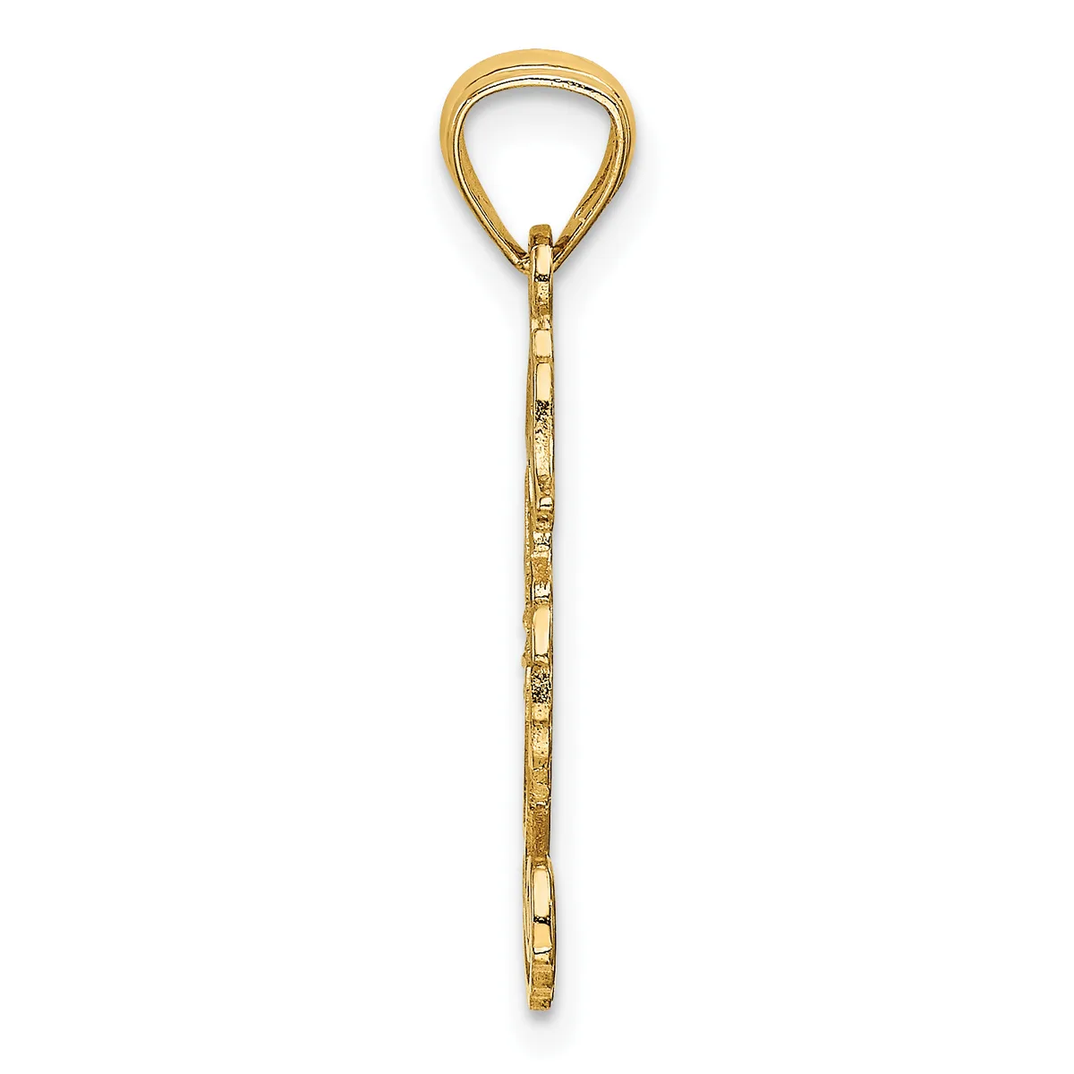 A gold teardrop-shaped pendant with a decorative chain stem, displayed vertically against a white background.