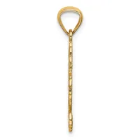 A gold teardrop-shaped pendant with a decorative chain stem, displayed vertically against a white background.