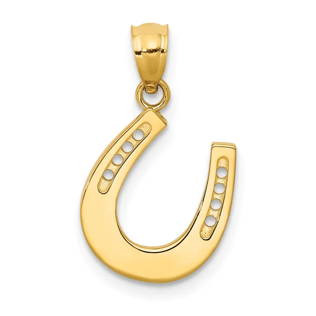 A gold horseshoe pendant with a small hallmark, featuring pearl or white stone accents along both arms, suspended from a gold bail.