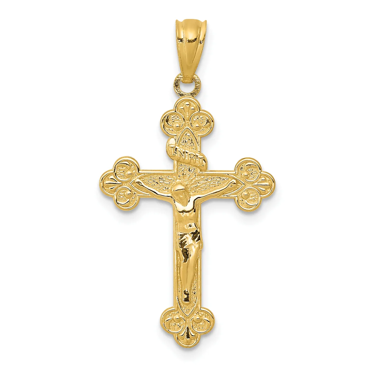 Gold crucifix pendant with ornate trefoil ends and a corpus figure, shown hanging from a bale against a white background.
