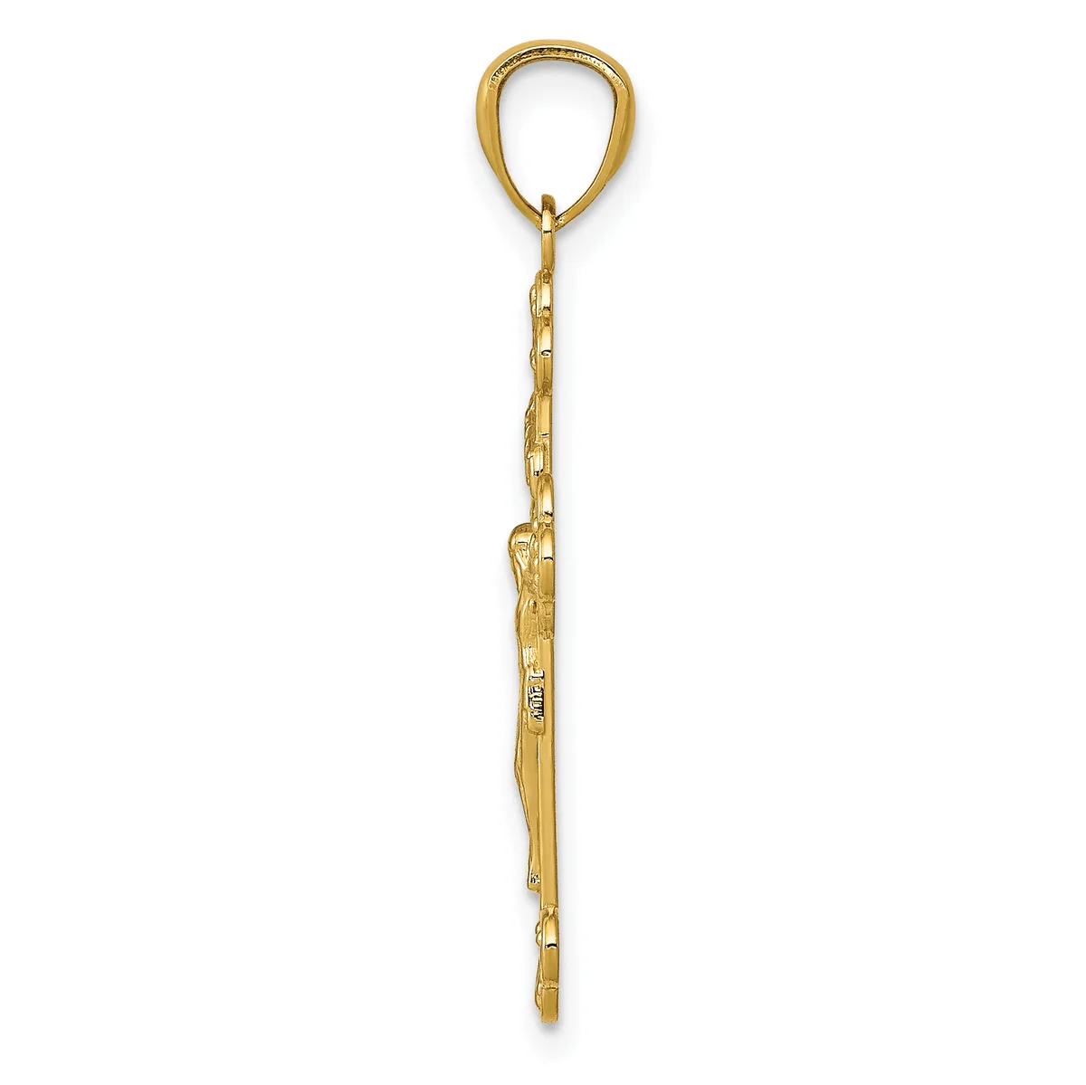 A gold-toned teardrop pendant with chain attachment, displayed vertically against a white background.
