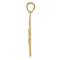 A gold-toned teardrop pendant with chain attachment, displayed vertically against a white background.