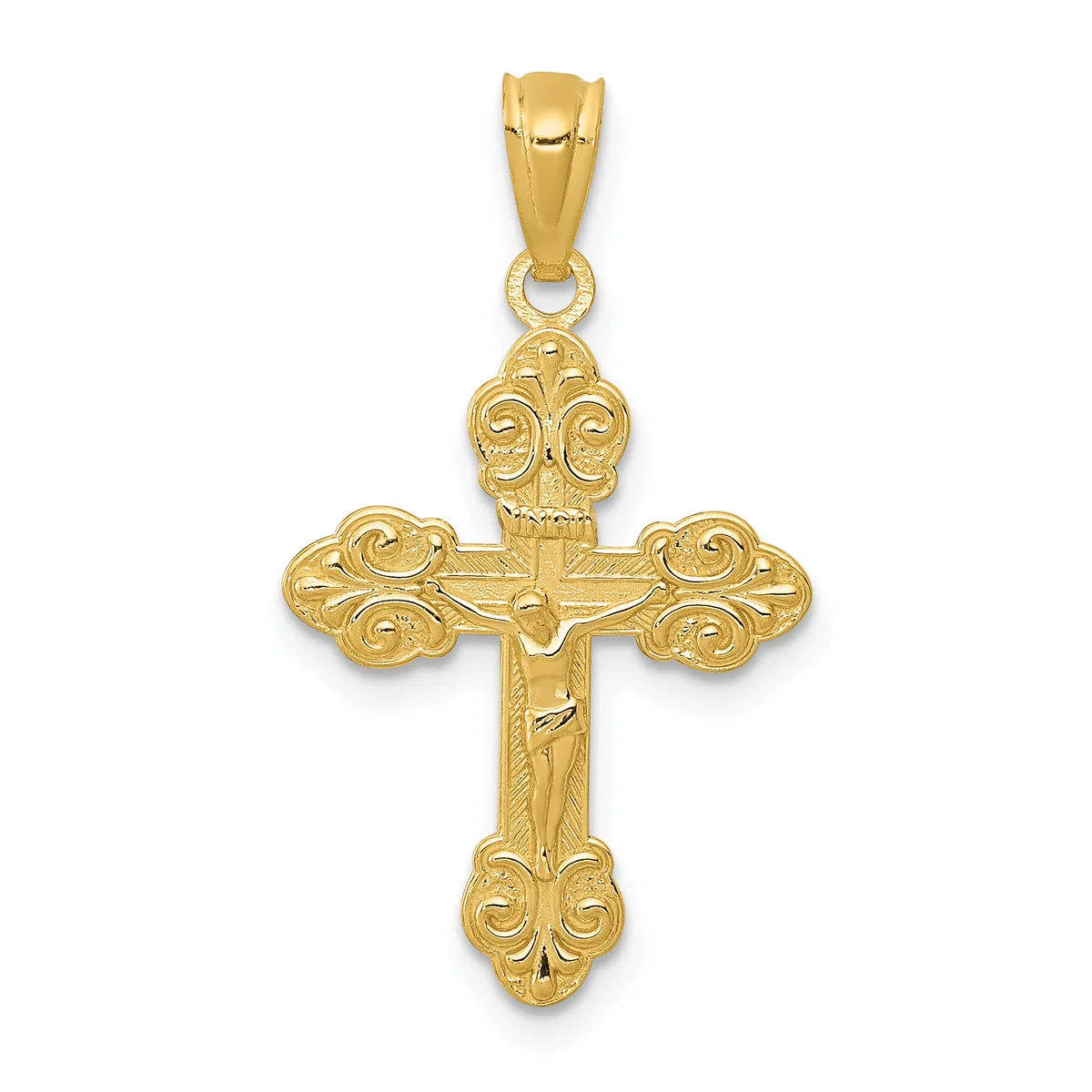 A gold cross pendant with ornate scrollwork on the ends of each arm and a small hallmark, shown hanging from a bail loop.