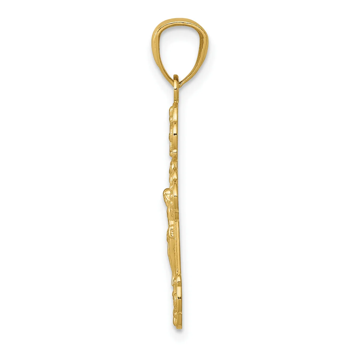 A gold teardrop-shaped pendant with a long chain attachment, displayed against a white background.