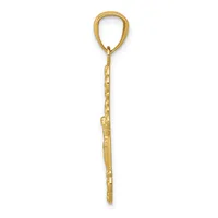 A gold teardrop-shaped pendant with a long chain attachment, displayed against a white background.