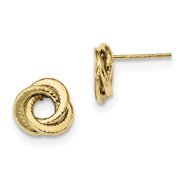 Pair of gold-toned twisted knot stud earrings with textured surfaces and post backs, shown from front and side views.