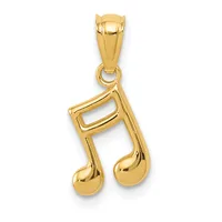 Gold musical note pendant with rounded bulbous ends, suspended from a bail loop against a white background.