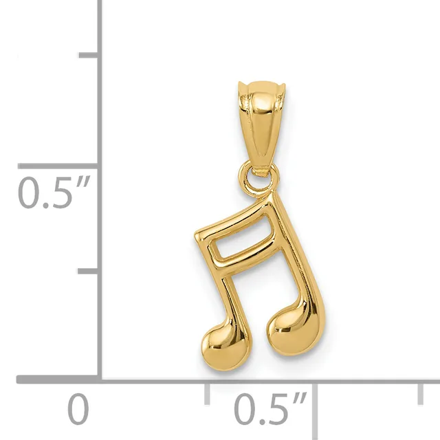 Gold-toned double musical note pendant with a bail loop at the top, shown next to a measurement scale indicating approximately 0.5 inches in height and width.