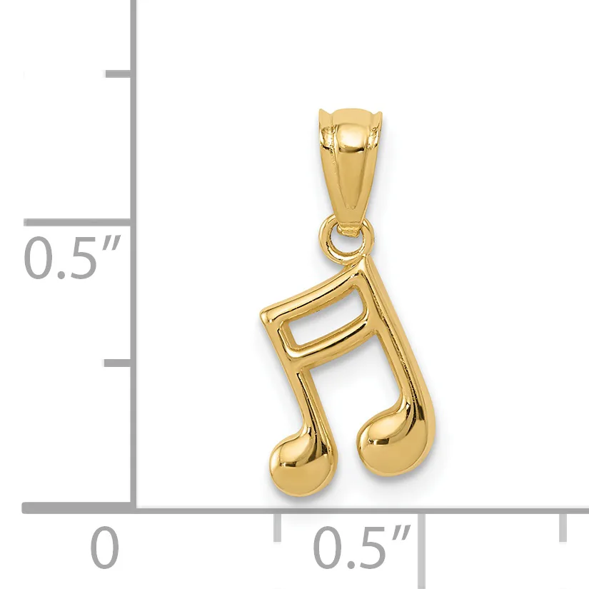 Gold-toned double musical note pendant with a bail loop at the top, shown next to a measurement scale indicating approximately 0.5 inches in height and width.