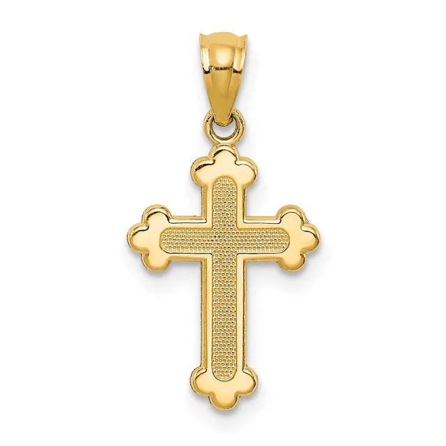 A gold cross pendant with a textured center and decorative rounded lobes at each of the four ends, suspended from a gold bail.
