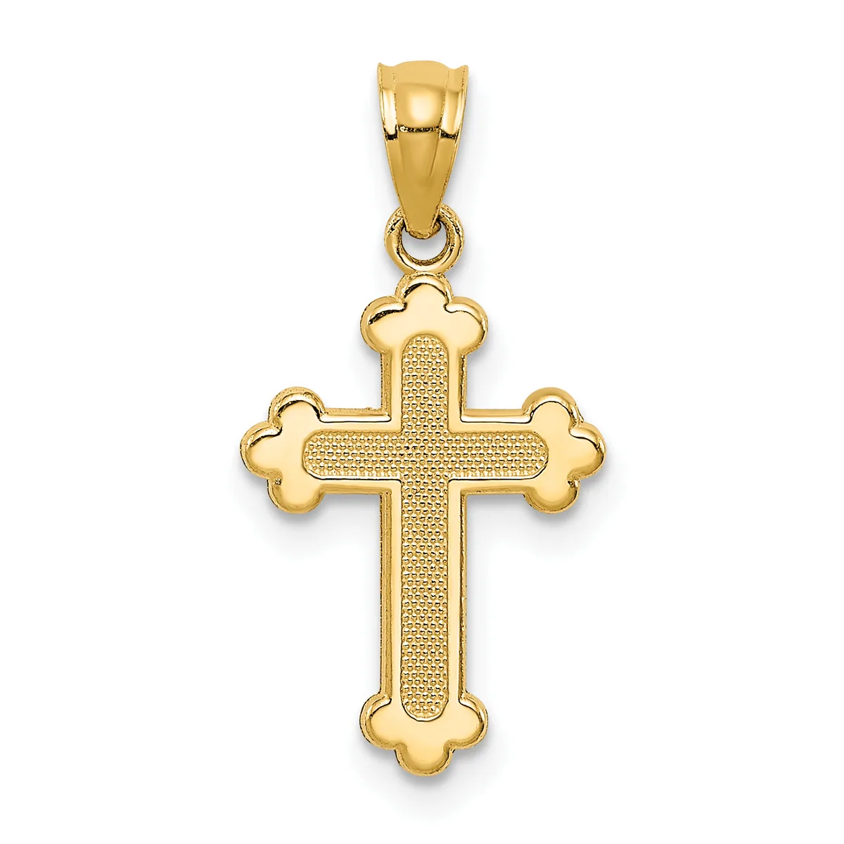 A gold cross pendant with a textured center and decorative rounded lobes at each of the four ends, suspended from a gold bail.